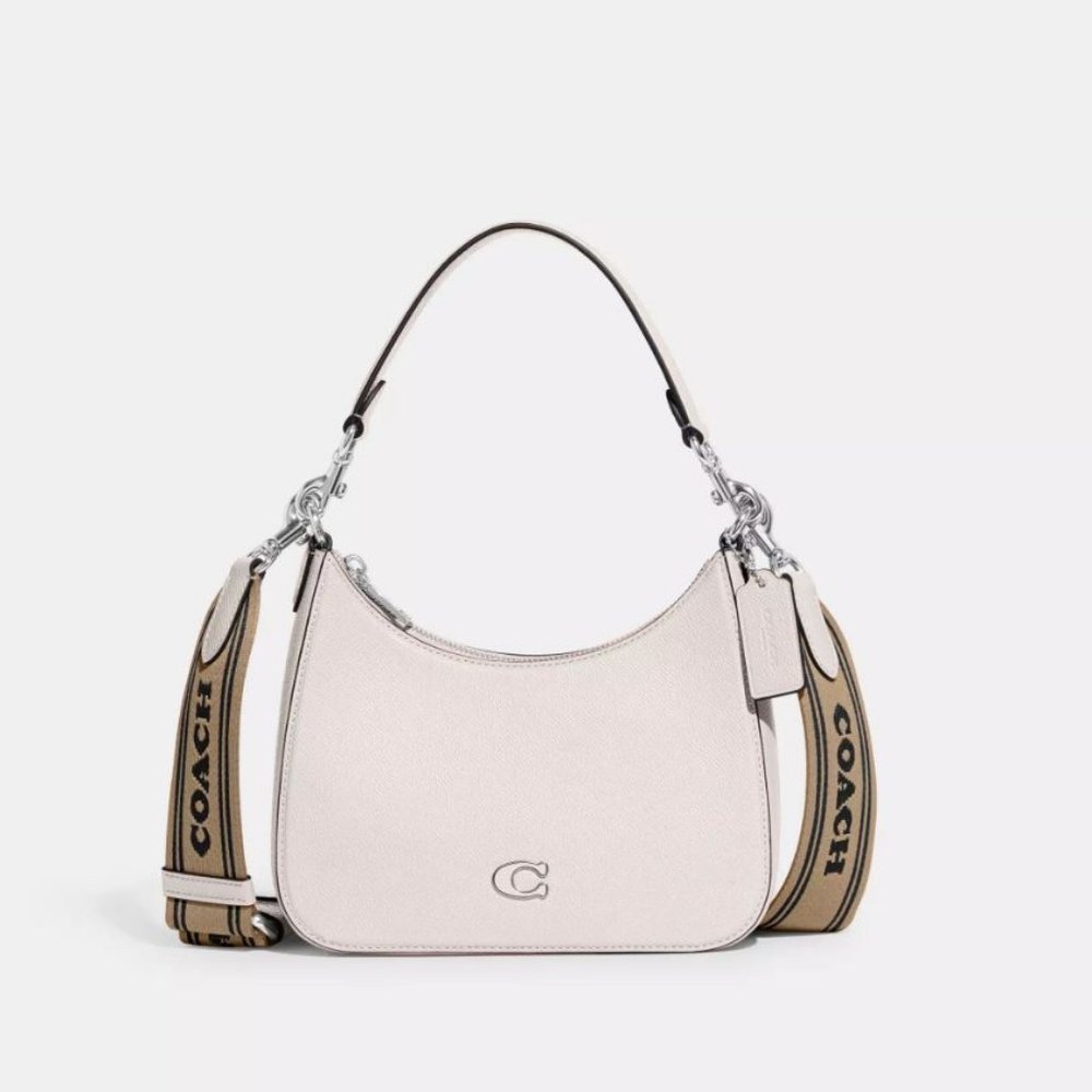 COACH Hobo pebbled leather logo strap shoulder crossbody bag - Chalk/Ivory - Picture 1 of 13